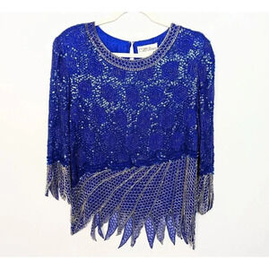 Vintage 70s 80s Marc Lewis S Sequin Beaded 100% Silk Top Blouse Wearable Art